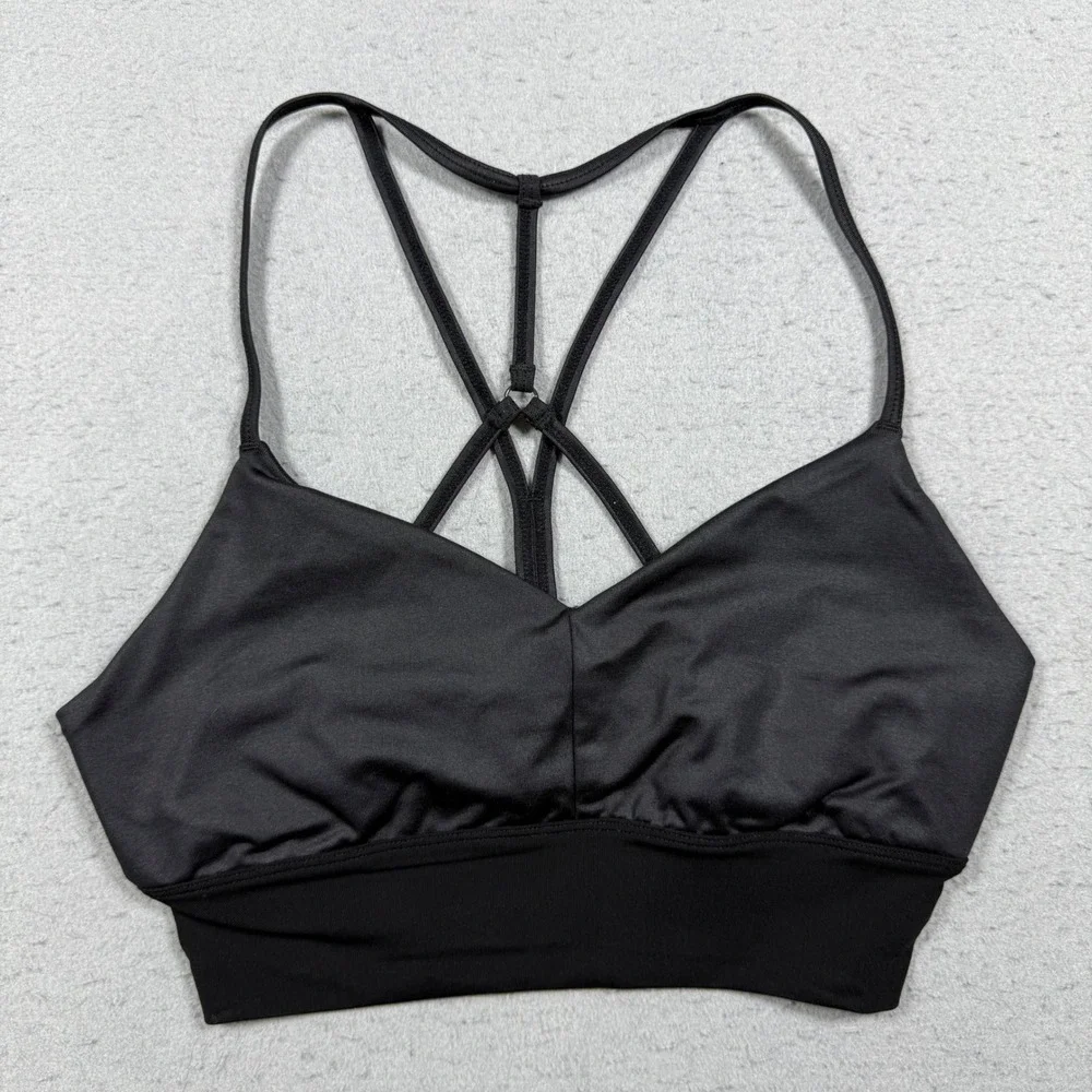 Alo Yoga Interlace Sports Bra Black Strappy Back V-Neck Athletic Crop Top